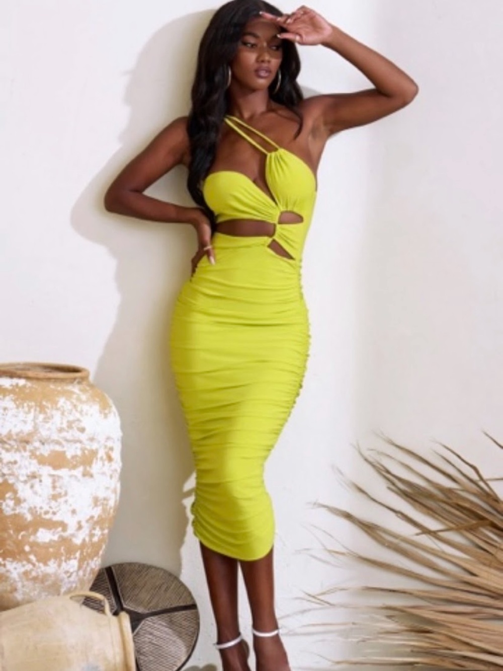 Club London Cutout Ruched Midi Dress in Lime Green